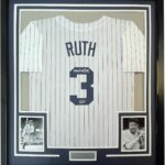 Framed Facsimile Autographed Babe Ruth 35×39 New York Pinstripe Reprint Laser Auto Baseball Jersey
