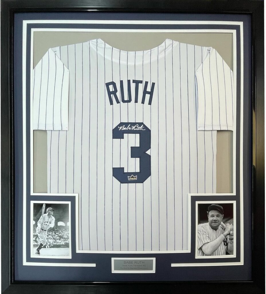 Framed Facsimile Autographed Babe Ruth 35×39 New York Pinstripe Reprint Laser Auto Baseball Jersey