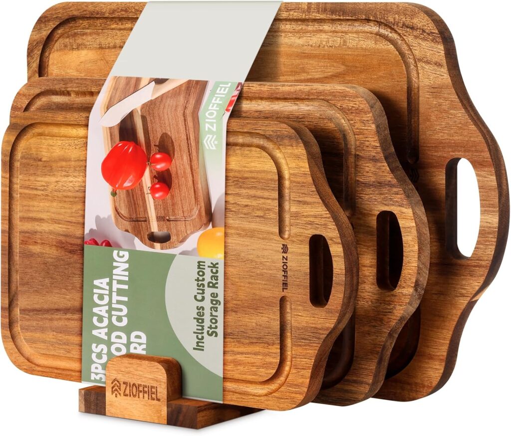 Acacia Wood Cutting Board Set of 3 Size with Holder, Solid Wooden Cutting Boards for Kitchen, Wooden Tray for Charcuterie, Chopping Board for Meat, Vegetables, Fruits, Gifts