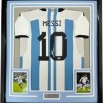 Framed Autographed/Signed Lionel Leo Messi 35×39 Argentina Blue/White Soccer Jersey Beckett BAS COA/LOA