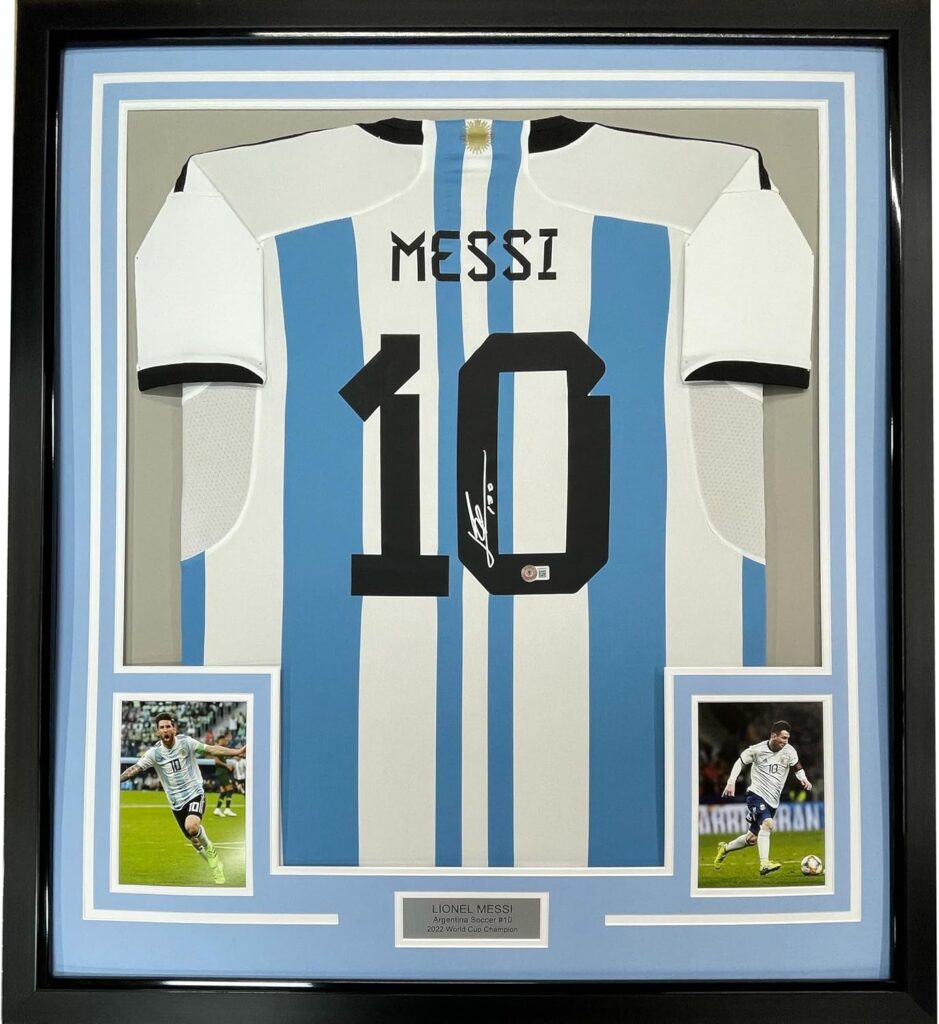 Framed Autographed/Signed Lionel Leo Messi 35×39 Argentina Blue/White Soccer Jersey Beckett BAS COA/LOA