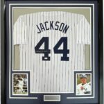 Framed Autographed/Signed Reggie Jackson 33×42 New York Pinstripe Baseball Jersey JSA COA