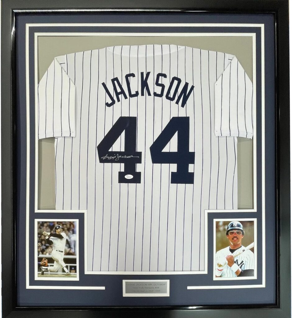 Framed Autographed/Signed Reggie Jackson 33×42 New York Pinstripe Baseball Jersey JSA COA