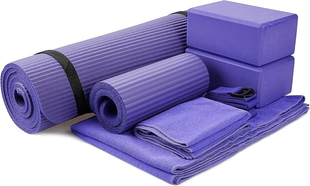 BalanceFrom 7-Piece Yoga Set with 71x24x0.5 Inches Extra Thick Mat and Carrying Sling – Includes 2 Blocks, Stretch Strap, 2 Towels, and Knee Pad for Home, Studio, and Gym Workouts
