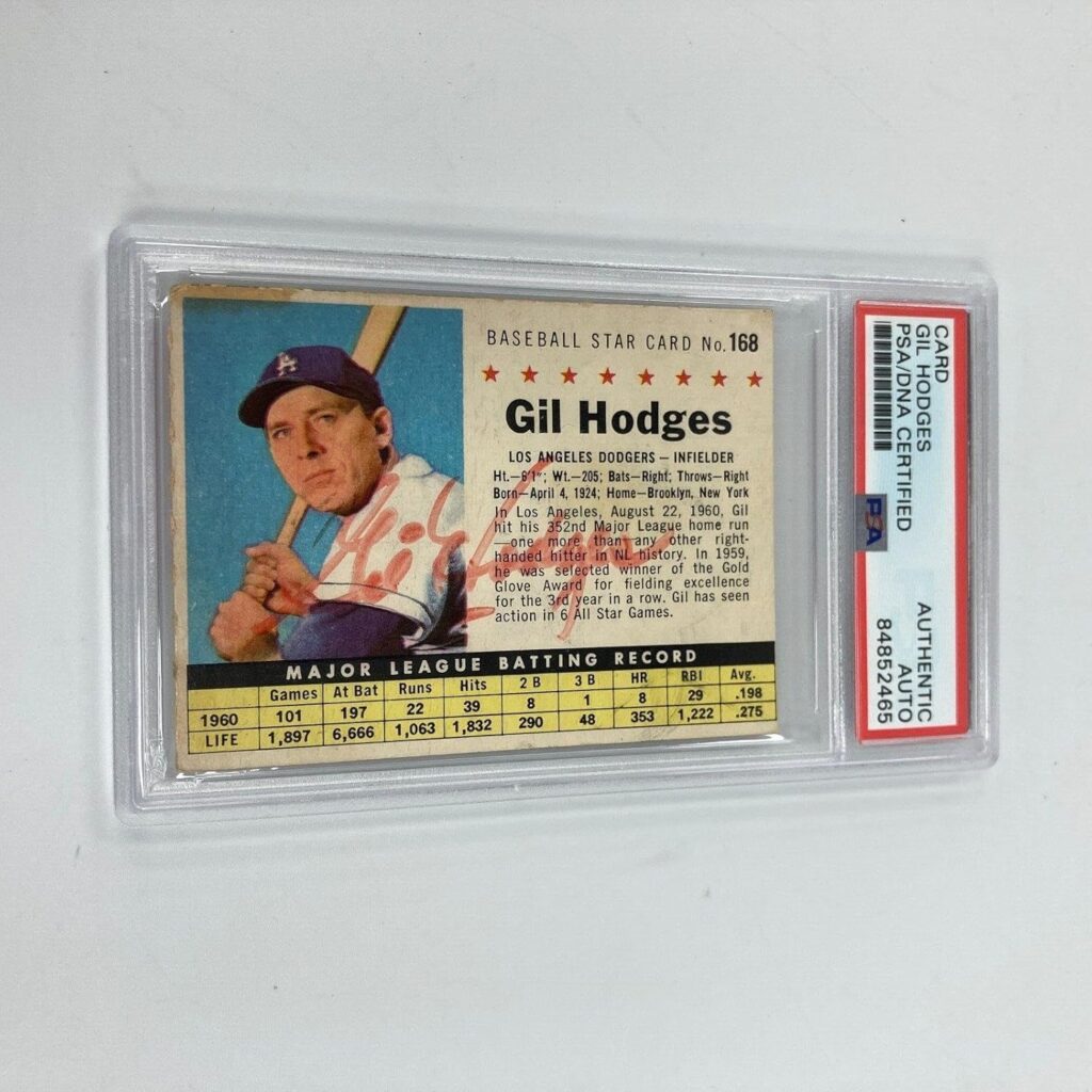 1961 Post Cereal #168 Gil Hodges Signed Card Auto PSA DNA The Only One Known 1/1 – MLB Autographed Baseball Cards