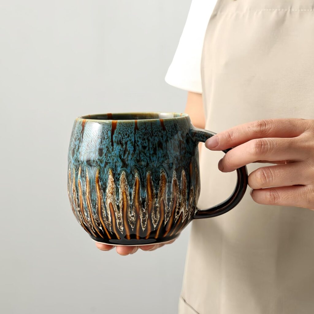 20oz Raku Glaze Coffee Mug – Unique Handcrafted Look Ceramic Cup, Large Tea Mug, Microwave & Dishwasher Safe (blue)