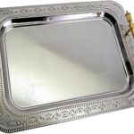 17.1 inch x 12.4 inch Oblong Chrome Plated Serving Tray with Iron Gold Handles Stylish Design Floral Engraved Edge Decorative Party Wedding Buffet Wine Platter Plate NC-144