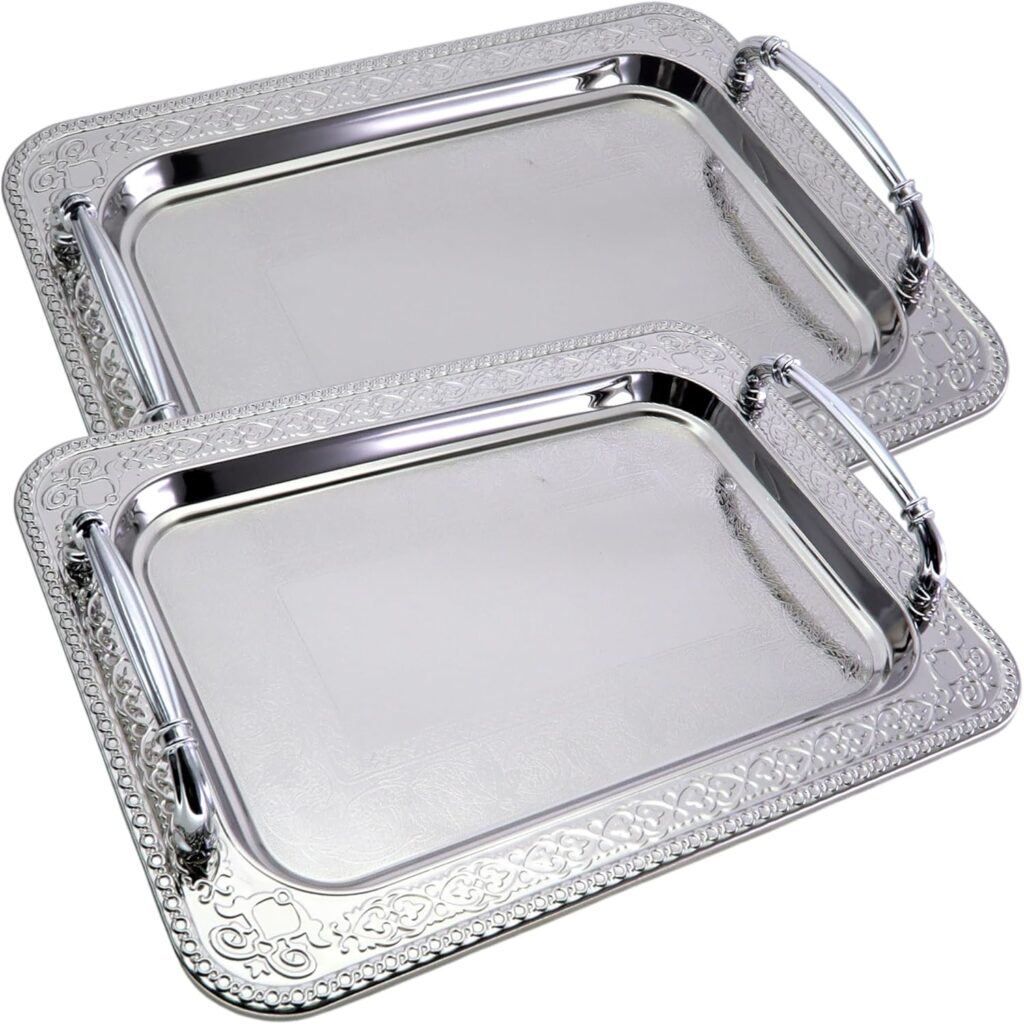(Pack of 2) 13.8 inch x 9.9 inch Chrome Plated Silver Serving Tray with Handles Stylish Design Floral Engraved Edge Birthday Wedding Dessert Buffet Wine Platter Plate Dish CC-1376