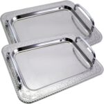 (Pack of 2) 13.8 inch x 9.9 inch Chrome Plated Silver Serving Tray with Handles Stylish Design Floral Engraved Edge Birthday Wedding Dessert Buffet Wine Platter Plate Dish CC-1376