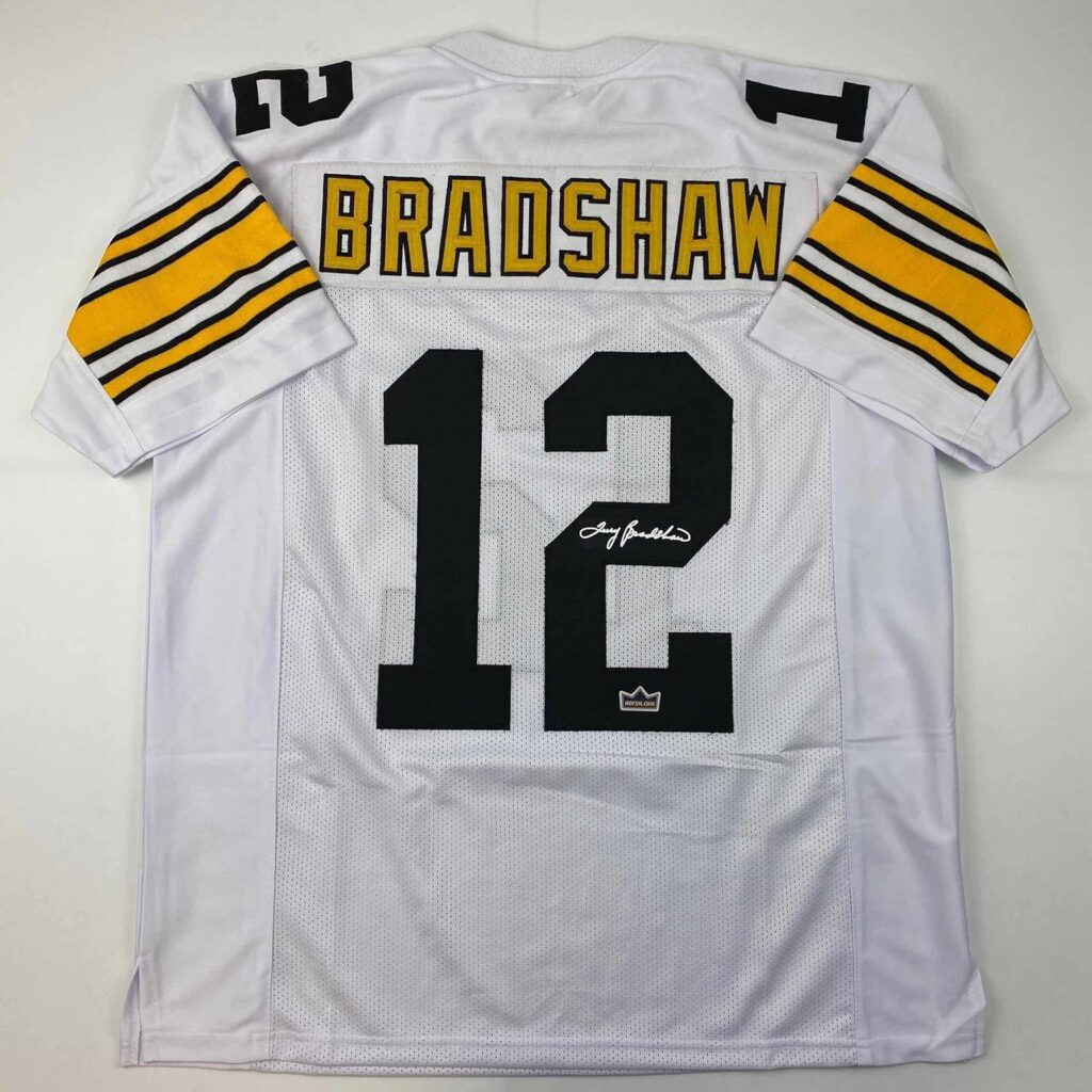 Facsimile Autographed Terry Bradshaw Pittsburgh White Reprint Laser Auto Football Jersey Size Men’s XL