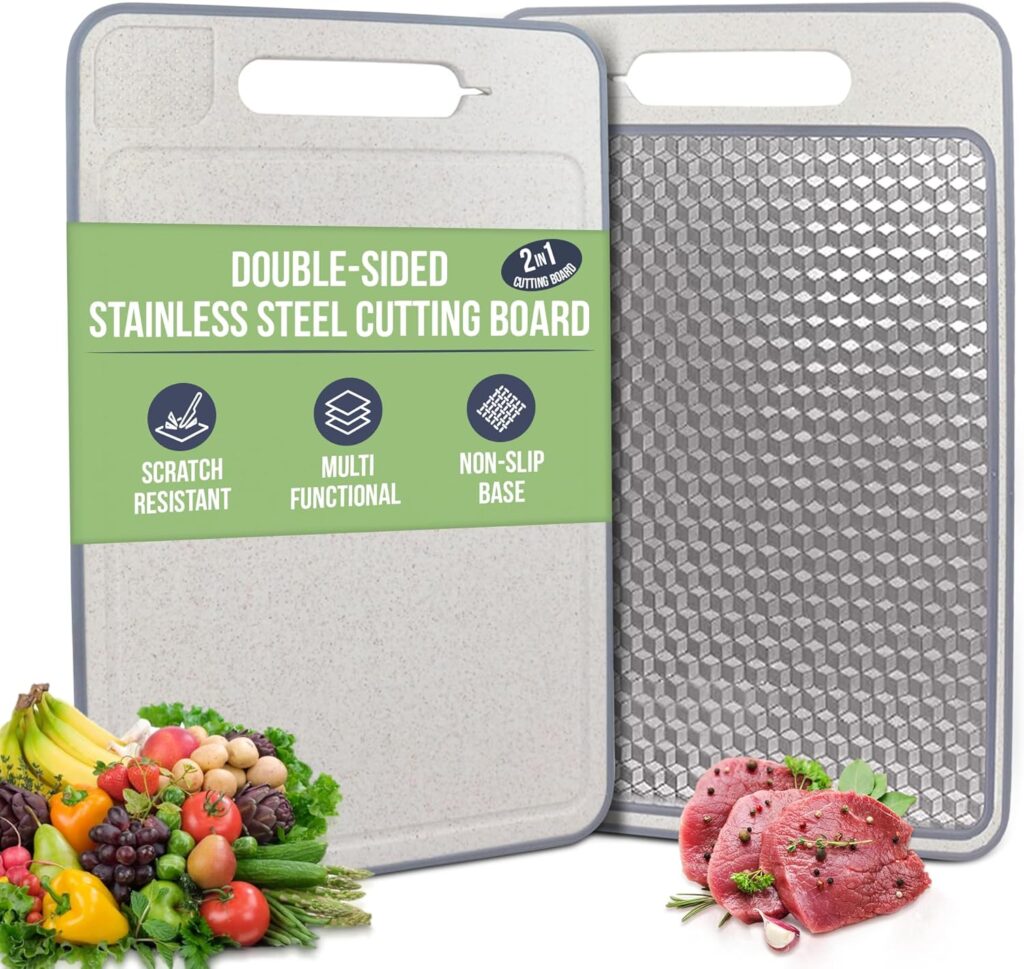 Stainless Steel Cutting Board Double Sided for Kitchen– 304 Stainless Steel/Wheat Straw PP Cutting Board for Meat, Fruit, Veg, Non Slip, Juice Groove, Food-Grade Chopping Board, Easy Clean