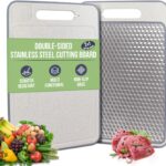Stainless Steel Cutting Board Double Sided for Kitchen– 304 Stainless Steel/Wheat Straw PP Cutting Board for Meat, Fruit, Veg, Non Slip, Juice Groove, Food-Grade Chopping Board, Easy Clean