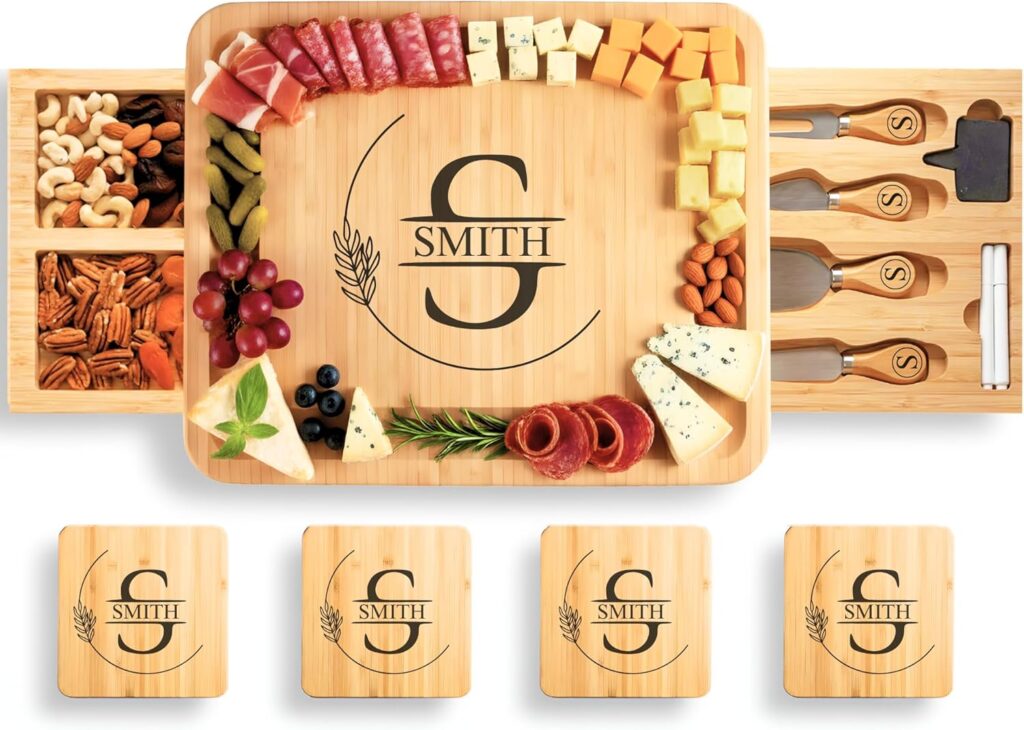 Personalized Bamboo Charcuterie Board Set with Accessories – Large Serving Tray with Knives & Smooth Surface for Cutting or Serving, Present for Wedding, Christmas, Anniversary, Housewarming Gift