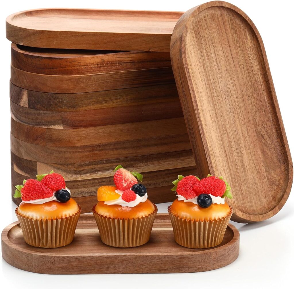 Geetery 12 Pcs Acacia Wooden Serving Trays 10 Inch Oval Wood Platter Wooden Serving Platter Oval Charcuterie Plates Board Cheese Plate Fruit Wood Tray Acacia Cheese Board for Dessert Appetizer