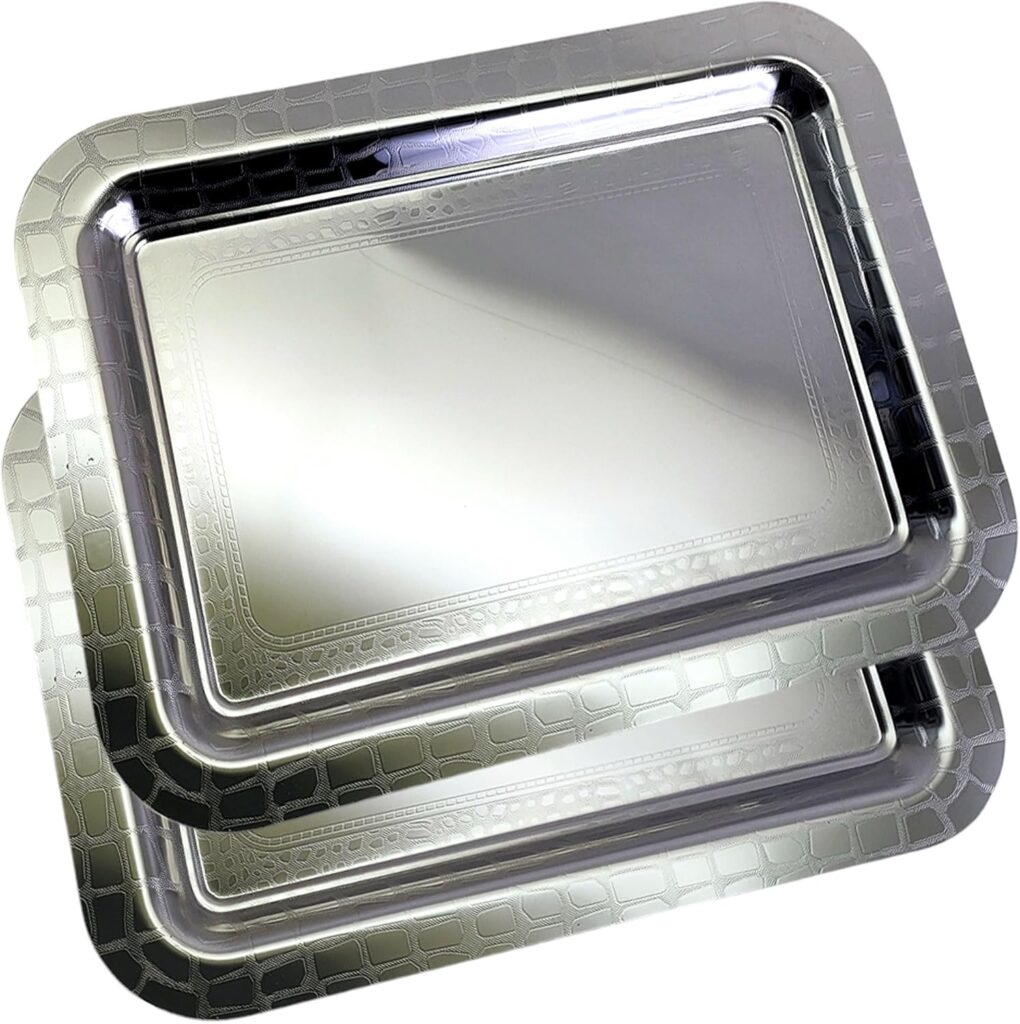 (Pack of 2) 16.9 inch x 12.2 inch Oblong Chrome Plated Serving Tray Stylish Design Floral Engraved Edge Decorative Party Wedding Dessert Buffet Décor Wine Platter Plate NC-037
