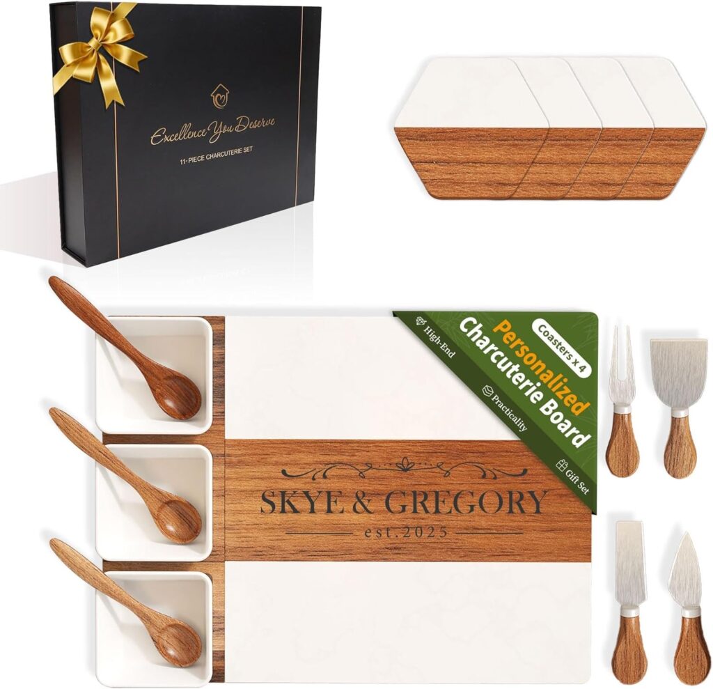 Personalized Marble Charcuterie Board – Custom Cheese Serving Tray with Engraving – Ideal Gift for Wedding, Bridal Shower, Housewarming, Birthday – Cheese Board with 11 Piece Utensils