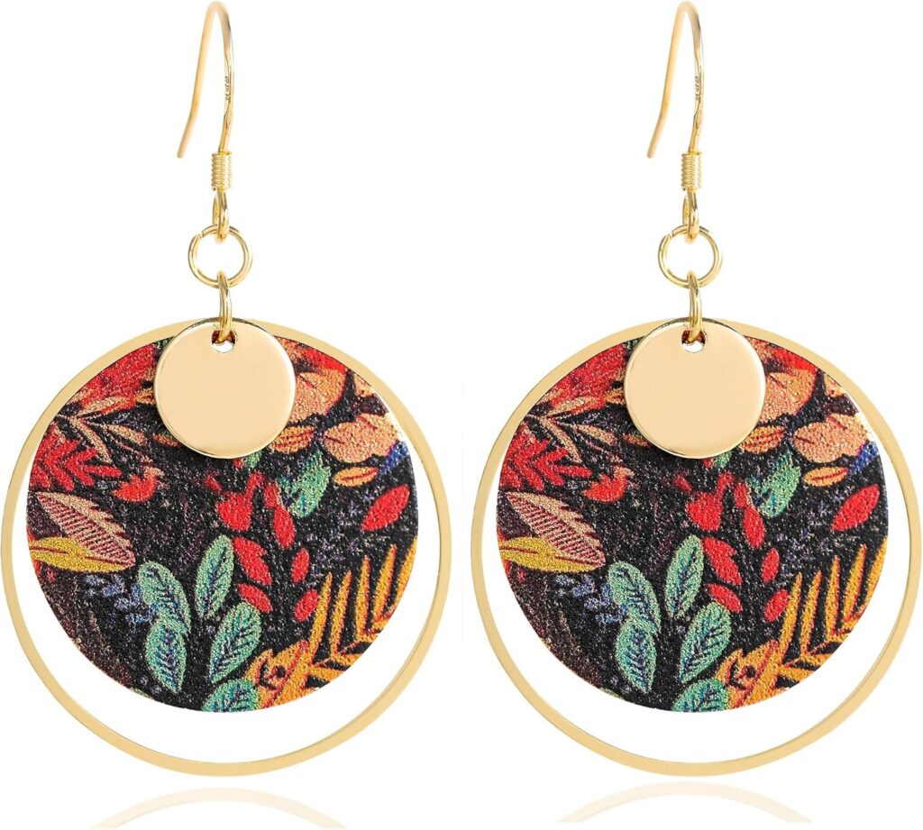 Boho Earrings, Gold Hoop Flower Earrings, Dangle Round Disc Earrings for Women, Handmade Bohemian Trendy Boho Floral Jewelry Gift