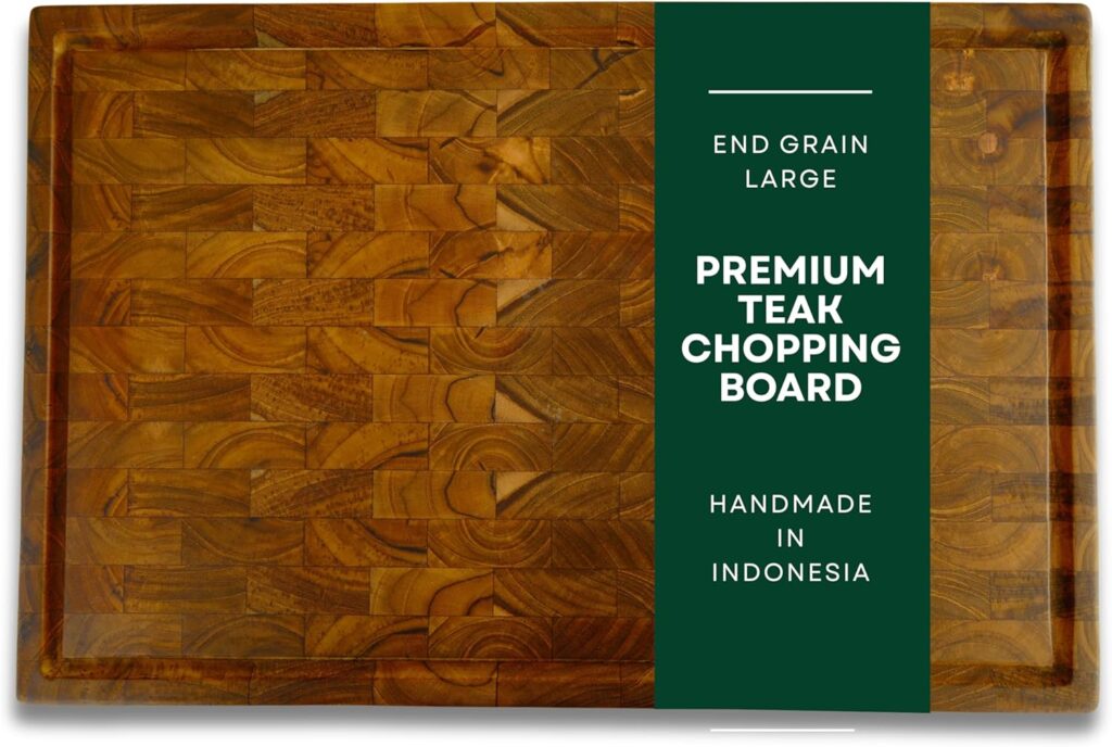 Teak End Grain Cutting Board – Premium Handmade Wood Chopping Board with Juice Groove & Handles, Knife-Friendly, Extra Thick Charcuterie – Made in Indonesia (Large – 17.7 x 11.8 x 1.2 in)