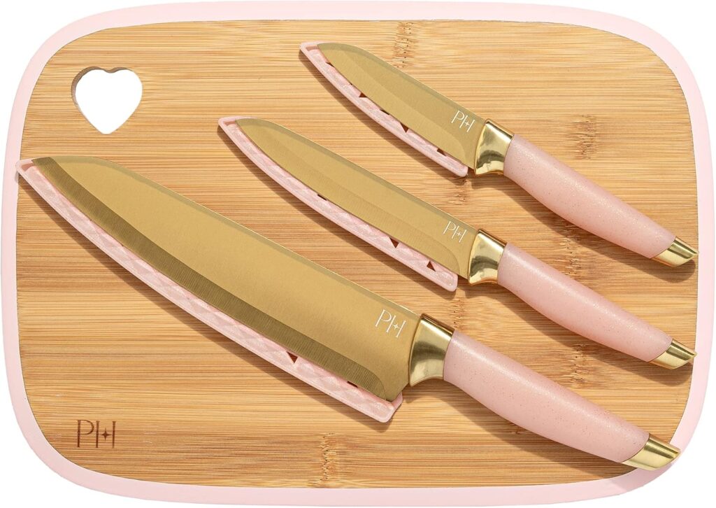 Paris Hilton Reversible Bamboo Cutting Board and Cutlery Set with Matching High Carbon Stainless Steel Knives, Blade Guards, Sleek Yet Comfortable Handle Grips, 7-Piece Set Gold, Pink