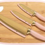 Paris Hilton Reversible Bamboo Cutting Board and Cutlery Set with Matching High Carbon Stainless Steel Knives, Blade Guards, Sleek Yet Comfortable Handle Grips, 7-Piece Set Gold, Pink