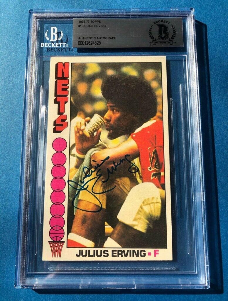 JULIUS ERVING Signed 1976-77 TOPPS Card #1 Beckett BAS Full-Name Sig. POP 1 of 1 – Basketball Autographed Cards