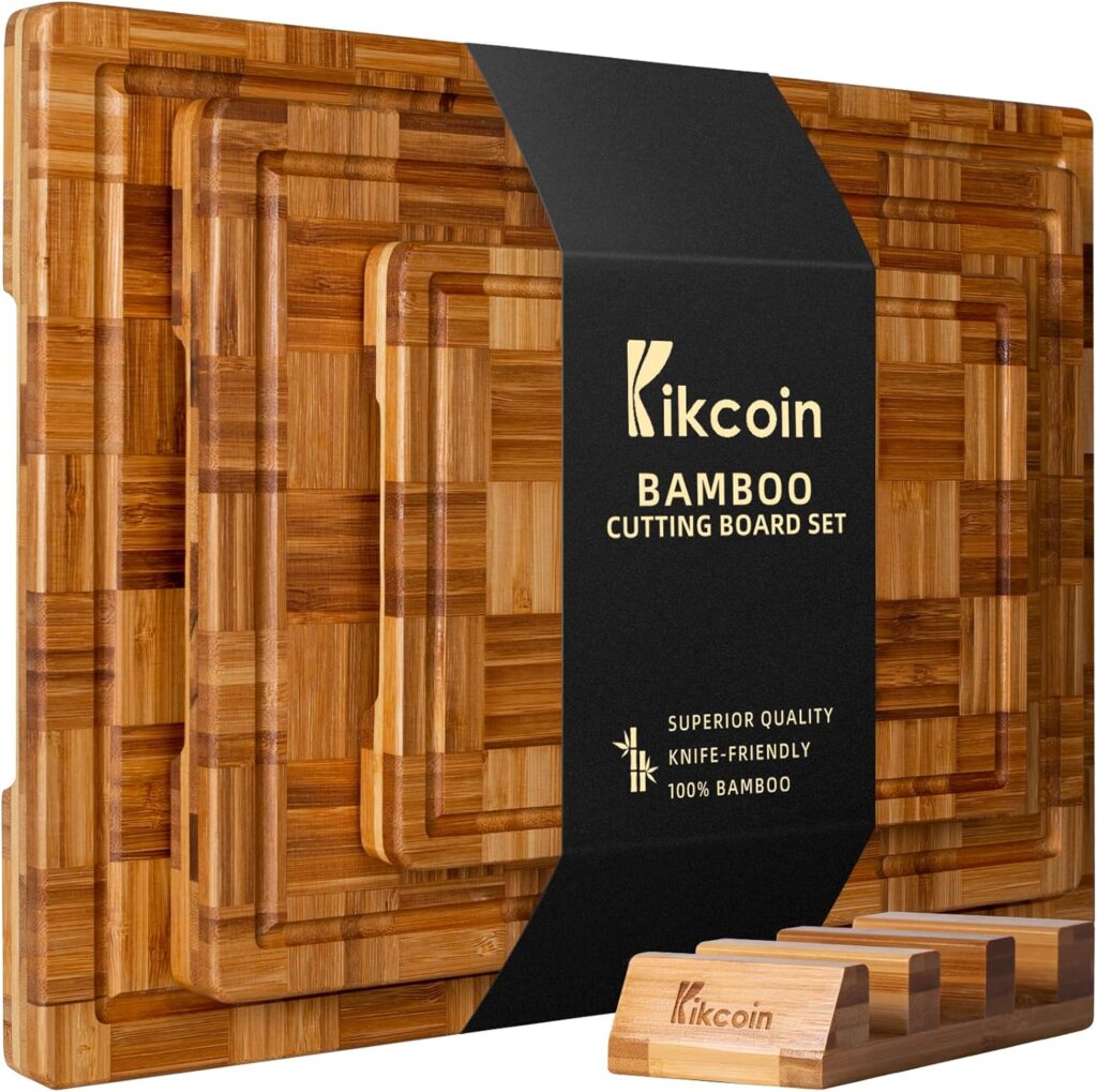 Kikcoin Extra Large Bamboo Cutting Boards, (Set of 3) Chopping Boards with Juice Groove Bamboo Wood Cutting Board Set Butcher Block for Kitchen, End Grain Serving Tray