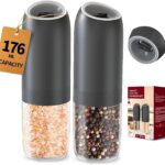 CIRCLE JOY Gravity Electric Salt and Pepper Grinder Set Battery Powered Automatic Pepper Mill Grinders with 176ml Container, Adjustable Coarseness, Bright LED Light and One Hand Operation, Black