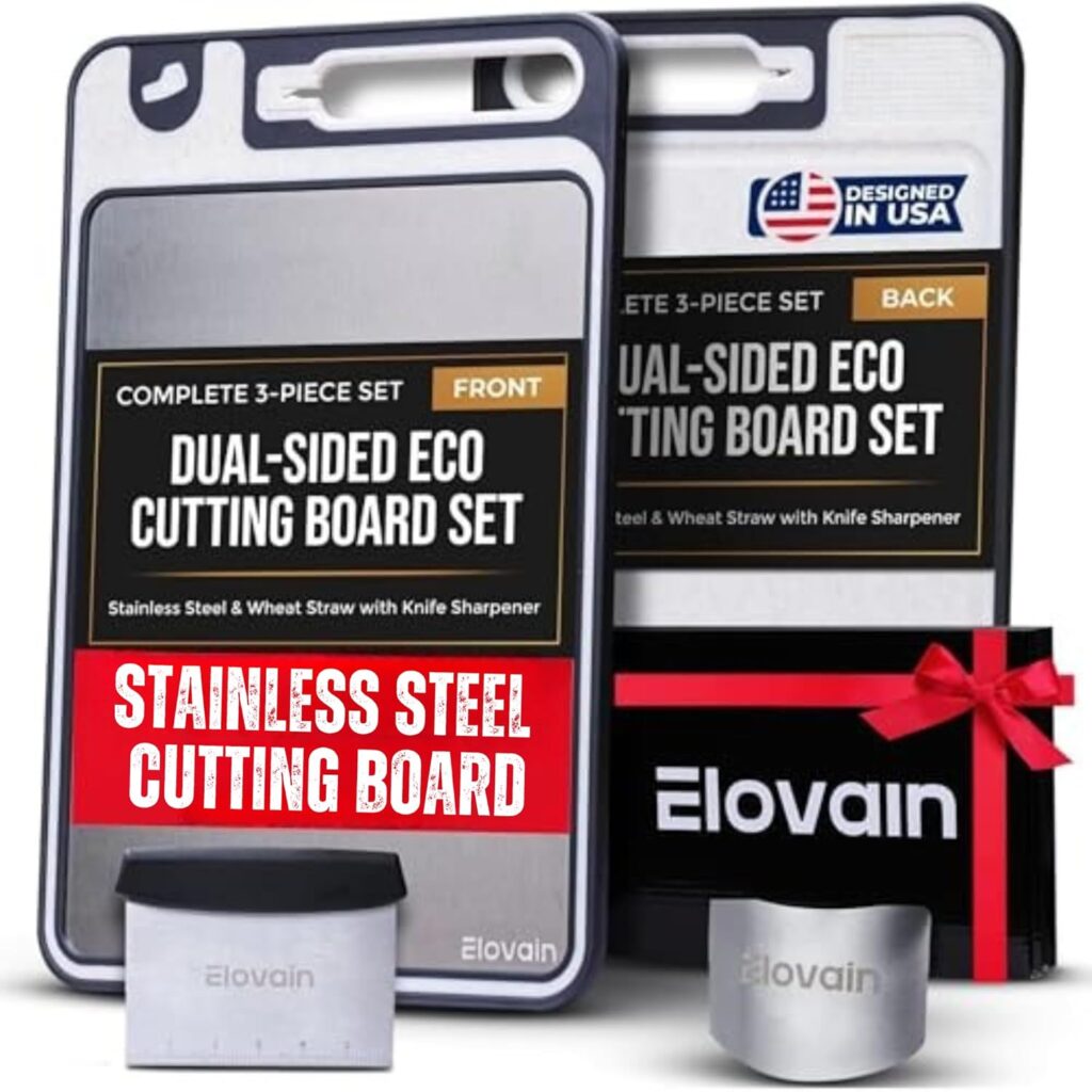 Stainless Steel Cutting Board Set – Double-Sided Hygienic Kitchen Board with Knife Sharpener, Scraper, Finger Guard – Dishwasher Safe, Non-Slip Edges, Multi-Function, Made in USA – 3-Piece Set