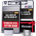 Stainless Steel Cutting Board Set – Double-Sided Hygienic Kitchen Board with Knife Sharpener, Scraper, Finger Guard – Dishwasher Safe, Non-Slip Edges, Multi-Function, Made in USA – 3-Piece Set