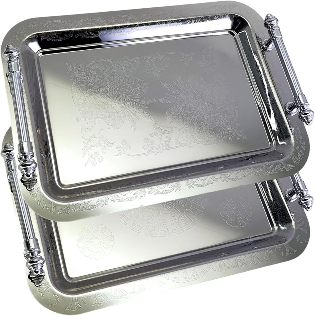 (Pack of 2) 14.2 inch x 10.2 inch Oblong Chrome Plated Serving Tray with Handles Stylish Design Floral Engraved Edge Decorative Party Wedding Dessert Buffet Wine Platter Plate NC-248