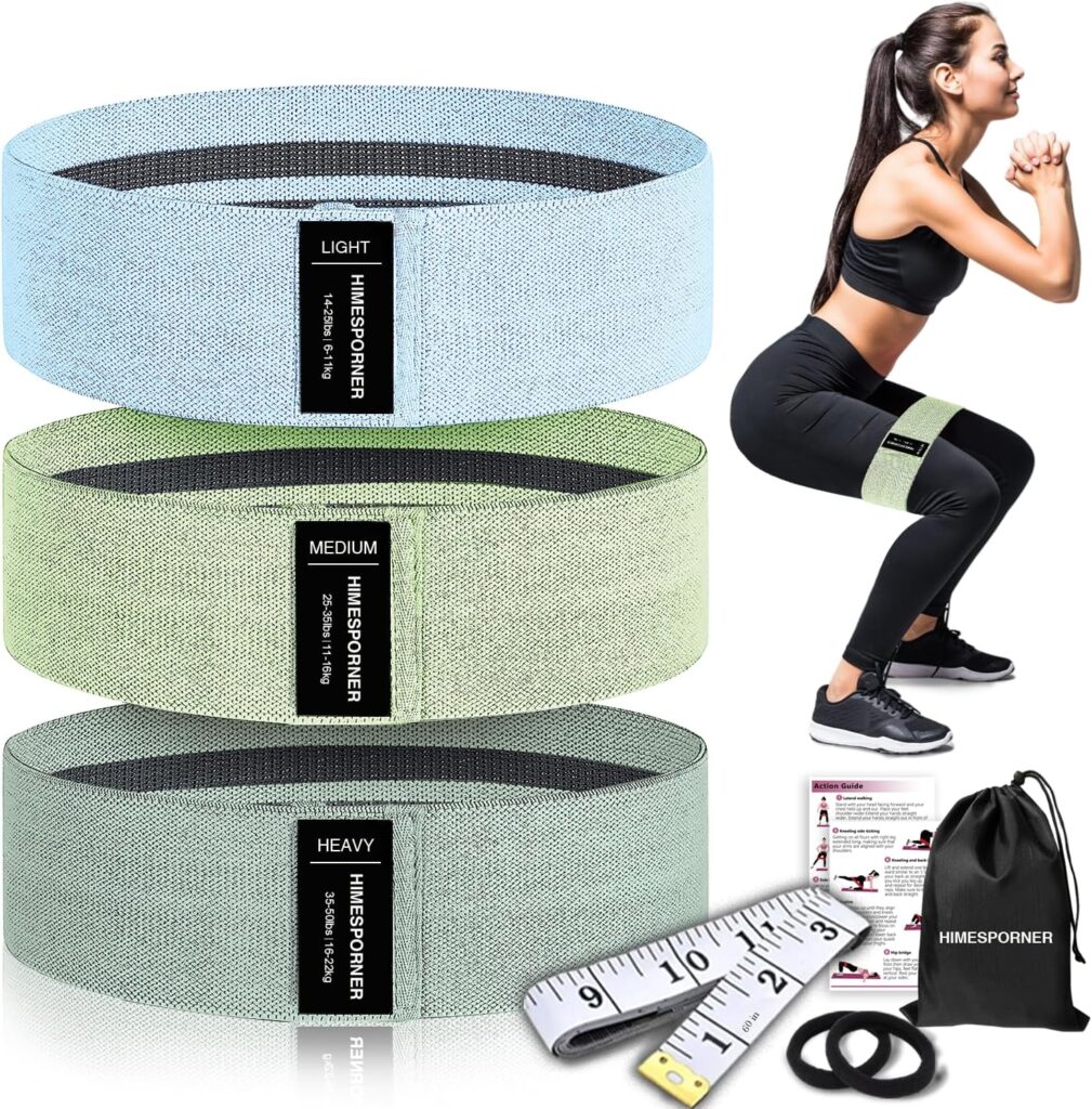Wide Fabric Resistance Bands for Working Out, 3 Level Non-Slip Exercise Booty Bands for Women & Men Leg and Glutes with Hair Ties and Tape Measure – for Home Gym Workout, Yoga, Pilates