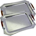 (Pack of 2) 15.6 inch x 10.9 inch Octagonal Chrome Plated Silver Serving Tray with Handles Stylish Design Floral Engraved Edge Birthday Dessert Buffet Wine Platter Plate Dish CC-1316