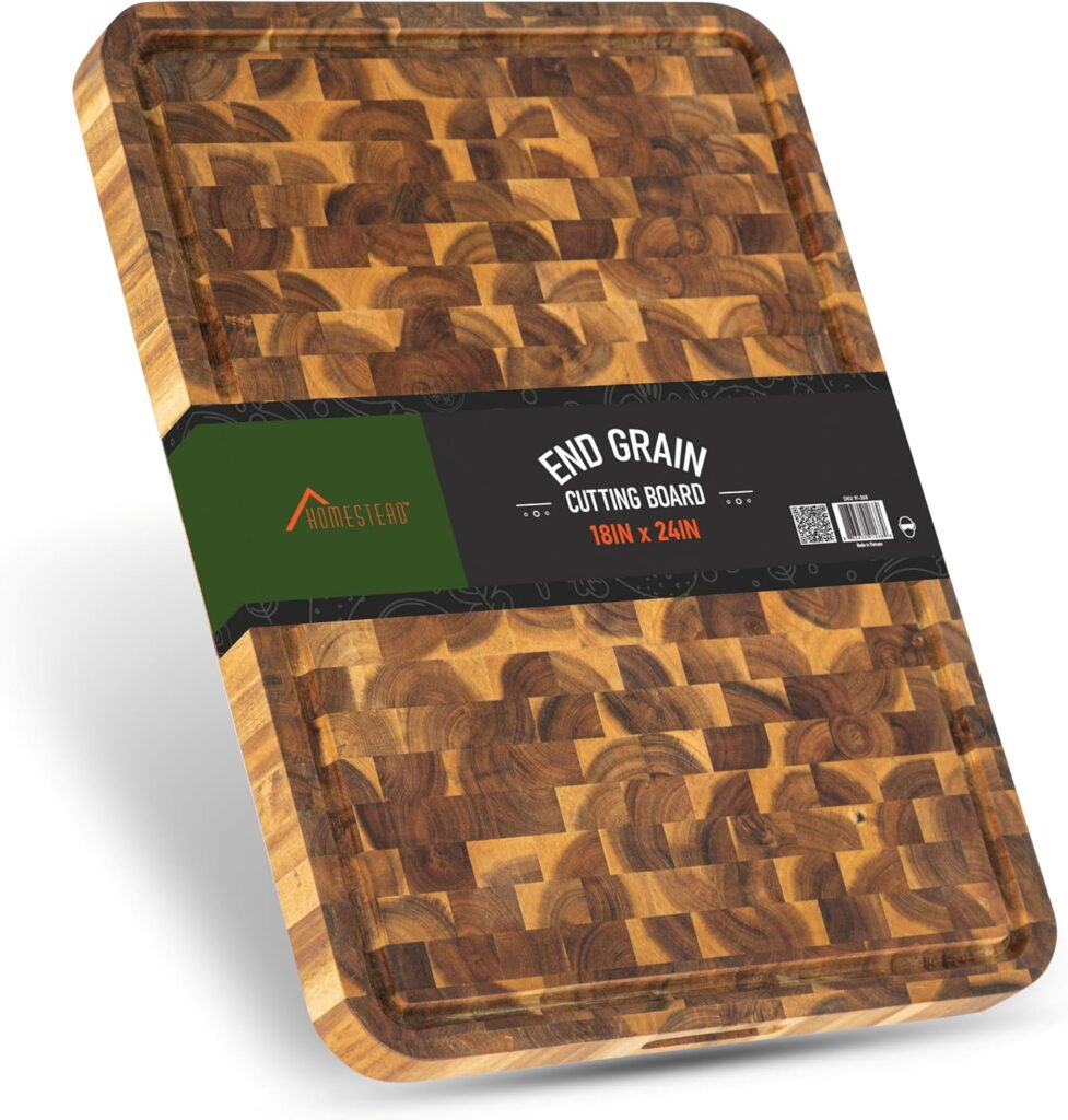 HOMESTEAD End Grain Acacia Wood Cutting Boards 23x18x1.5 – Butcher Block Chopping Board with Sorting Compartment, Juice Grooves & Handles – Non-Toxic Kitchen Board for Food Prep, Home Decor