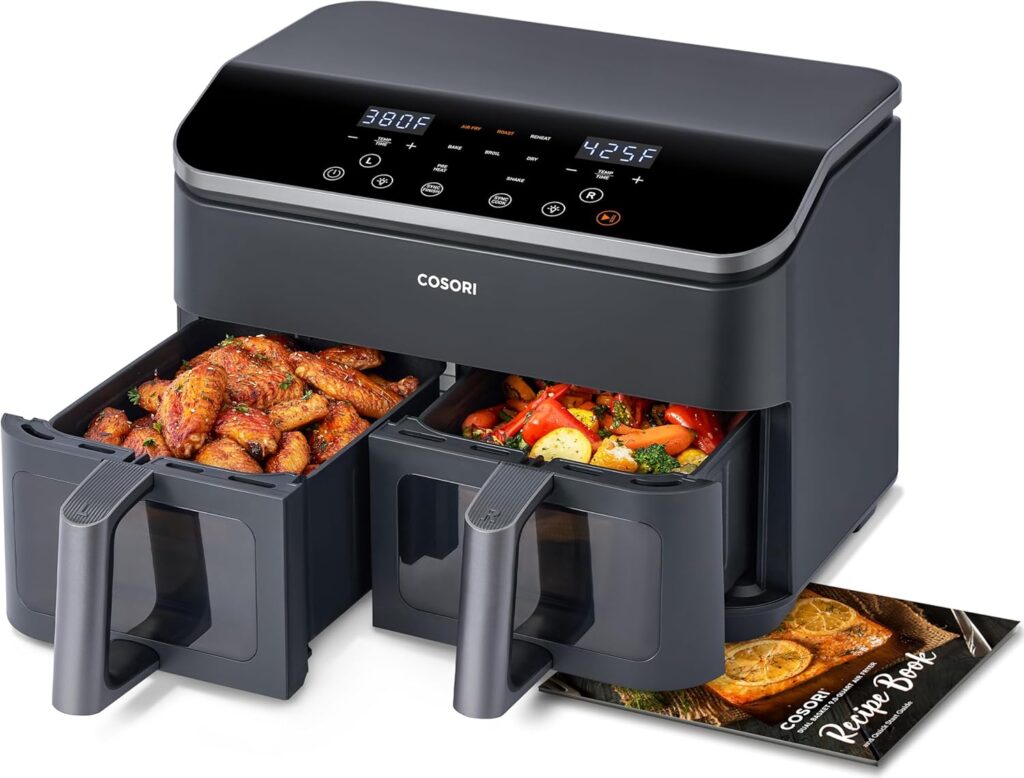 COSORI Dual Air Fryer 9Qt – 10-in-1, Fresh Balanced Meals for Family and Children with Double Baskets, Sync Cook & Finish to Bake, Roast, Reheat, Broil & 130 Recipes for Easy Cooking, Dishwasher Safe