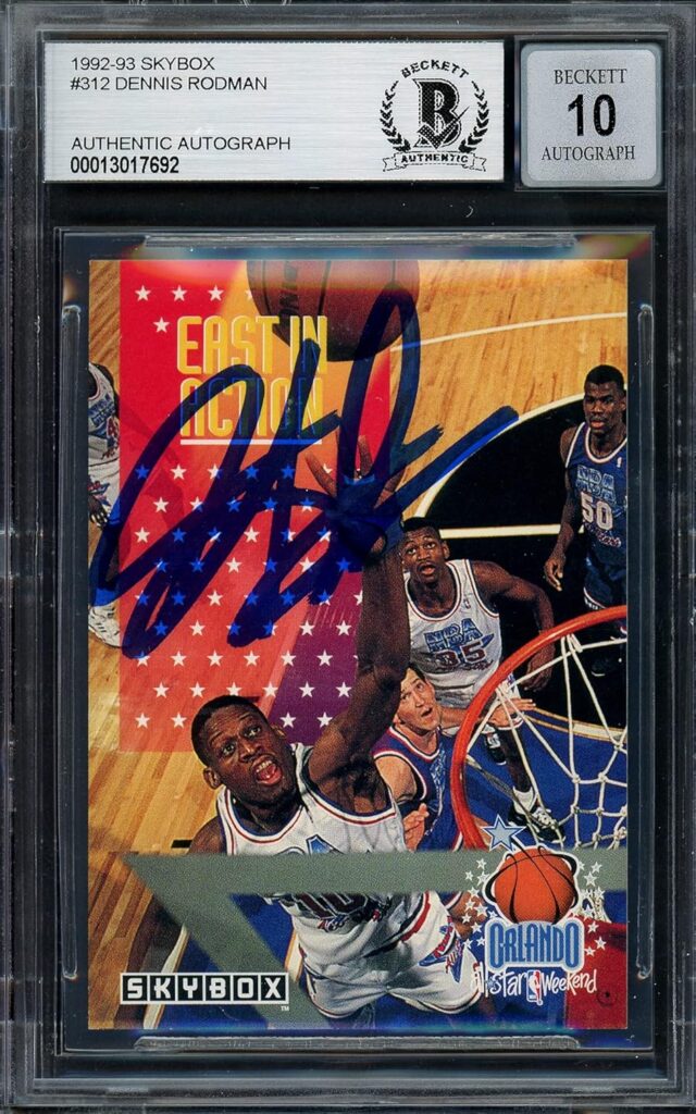 Dennis Rodman Autographed 1992-93 Skybox Basketball Card #312 Auto Grade Gem Mint 10 Beckett BAS Stock #194571