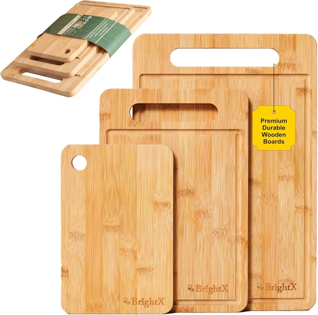 BRIGHTX Premium 3pc Bamboo Cutting Boards for Kitchen – Small, Medium & Large Wooden Cutting Boards for Kitchen | BPA-Free, Dishwasher Safe Cutting Board Set | Best Non-Toxic Wood Cutting Board Set