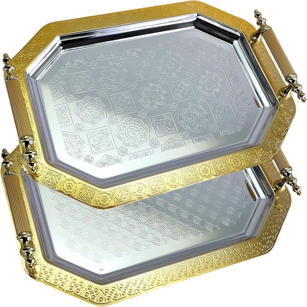 (Pack of 2) 14.6 inch x 10.6 inch Octagonal Chrome Plated Silver Serving Tray with Handles Mirror Iron Gold Edge Floor Pattern Engraved Party Birthday Buffet Wine Platter Plate NC-241