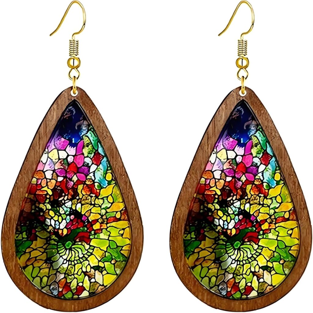 Bohemian Wood Teardrop Earrings for Women Handmade Natural Wooden Acrylic Colorful Church Artist Geometric Flower Leaf Cross Earrings Vintage Retro Jewelry