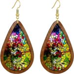 Bohemian Wood Teardrop Earrings for Women Handmade Natural Wooden Acrylic Colorful Church Artist Geometric Flower Leaf Cross Earrings Vintage Retro Jewelry