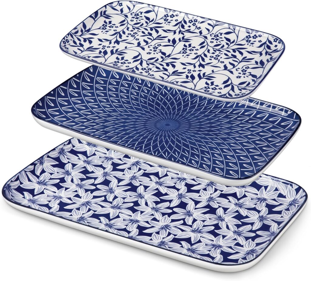vancasso Serving Platters Set of 3, 16″/14″/12″ Inch Rectangular Trays – Serving Platter Extra Large, Ceramic Serving Dish Microwave & Dishwasher Safe (Vintage Blue A)
