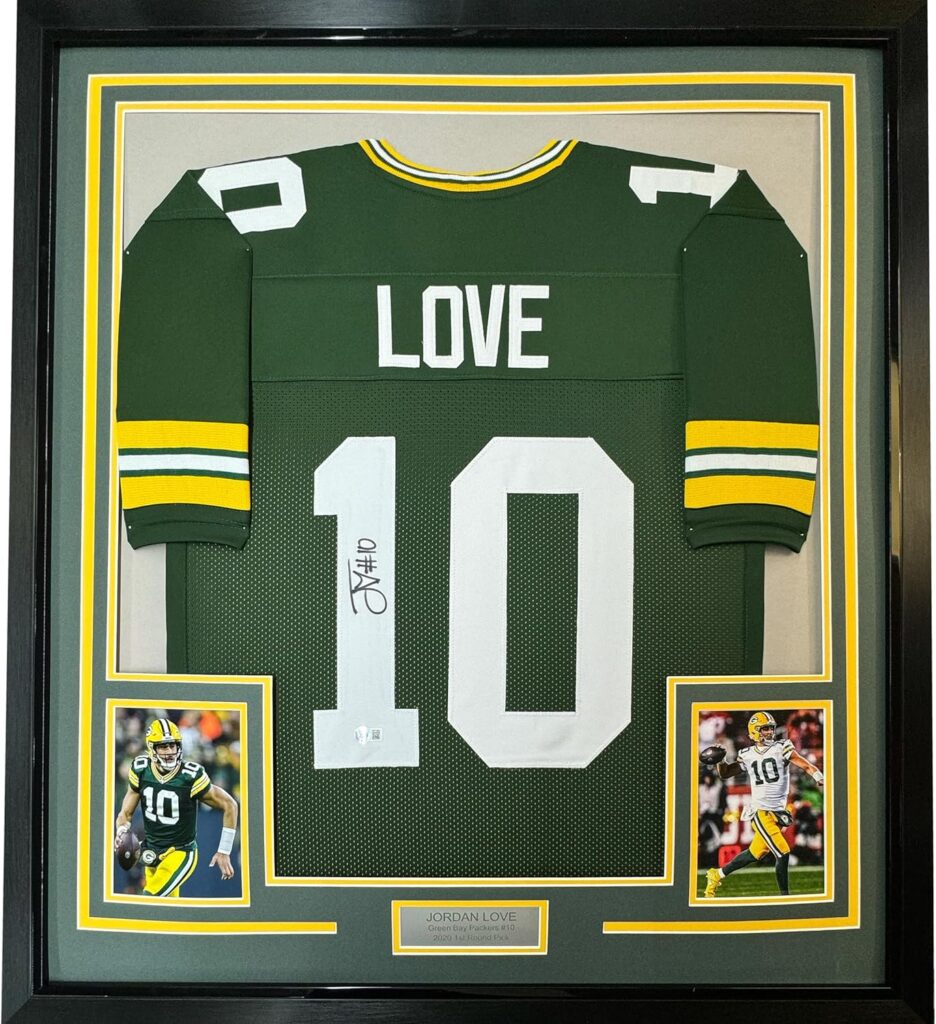 Framed Autographed/Signed Jordan Love 35×39 Green Bay Green Football Jersey Beckett BAS COA