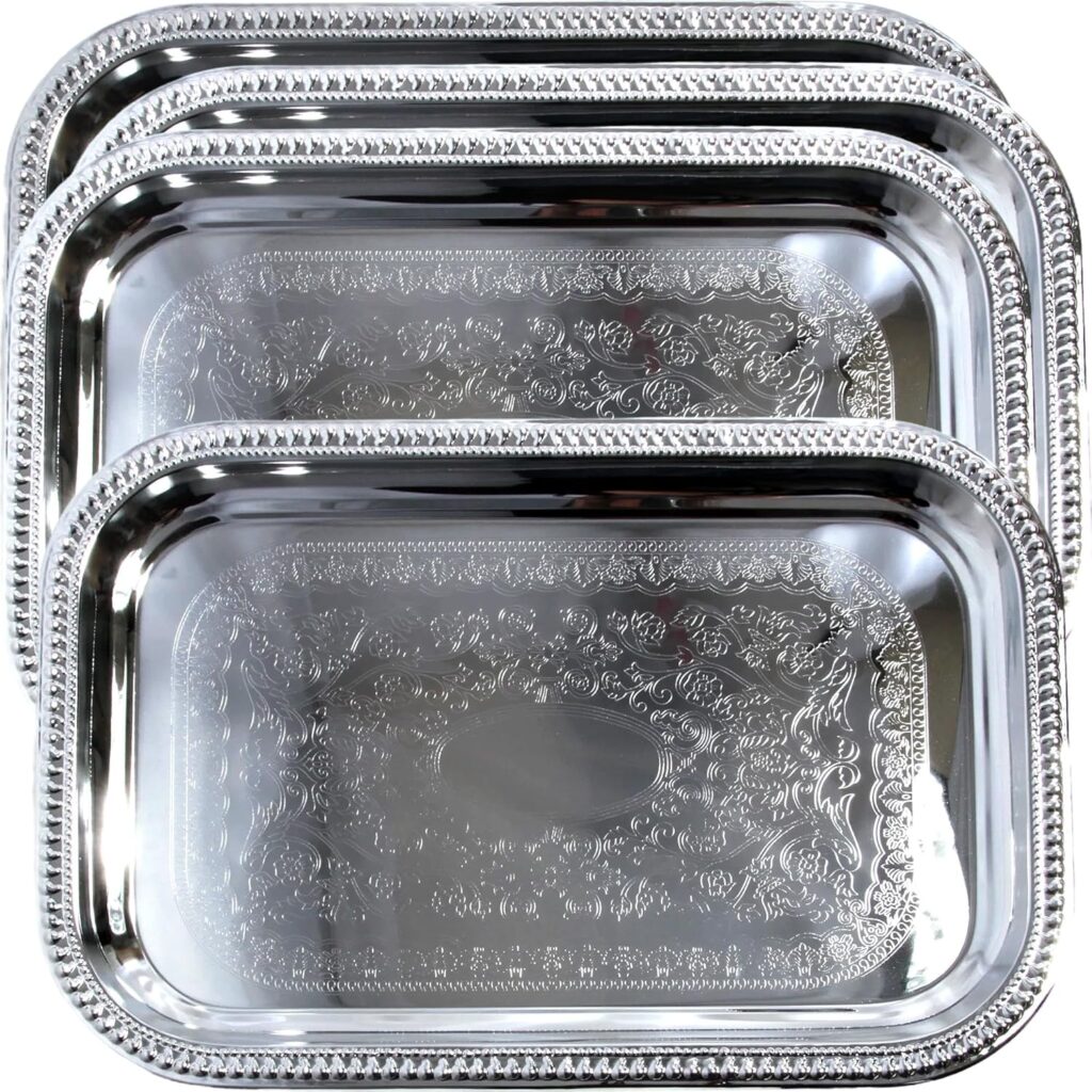 20.7-Inch x 14-Inch Oblong Rectangular Trim Floral Pattern Engraved Catering Chrome Plated Serving Plate Mirror Tray Platter Multi-Purpose Party Art Deco (Silver-Large) T156l-4pk