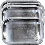 20.7-Inch x 14-Inch Oblong Rectangular Trim Floral Pattern Engraved Catering Chrome Plated Serving Plate Mirror Tray Platter Multi-Purpose Party Art Deco (Silver-Large) T156l-4pk