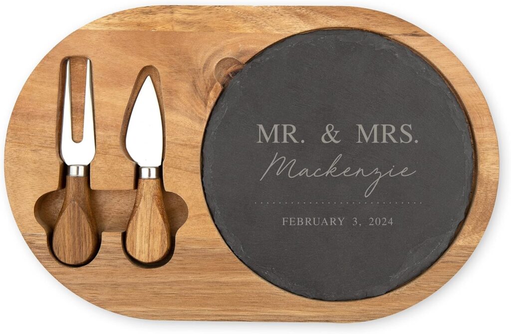 Weddingstar Custom Engraved Circular Wooden Acacia Plank and Slate Serving Tray Set with Fork and Cheese Knife – Mr. & Mrs.