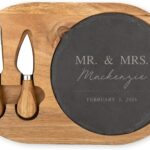 Weddingstar Custom Engraved Circular Wooden Acacia Plank and Slate Serving Tray Set with Fork and Cheese Knife – Mr. & Mrs.