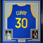 Framed Autographed/Signed Stephen Steph Curry 35×39 Golden State Blue Basketball Jersey JSA COA