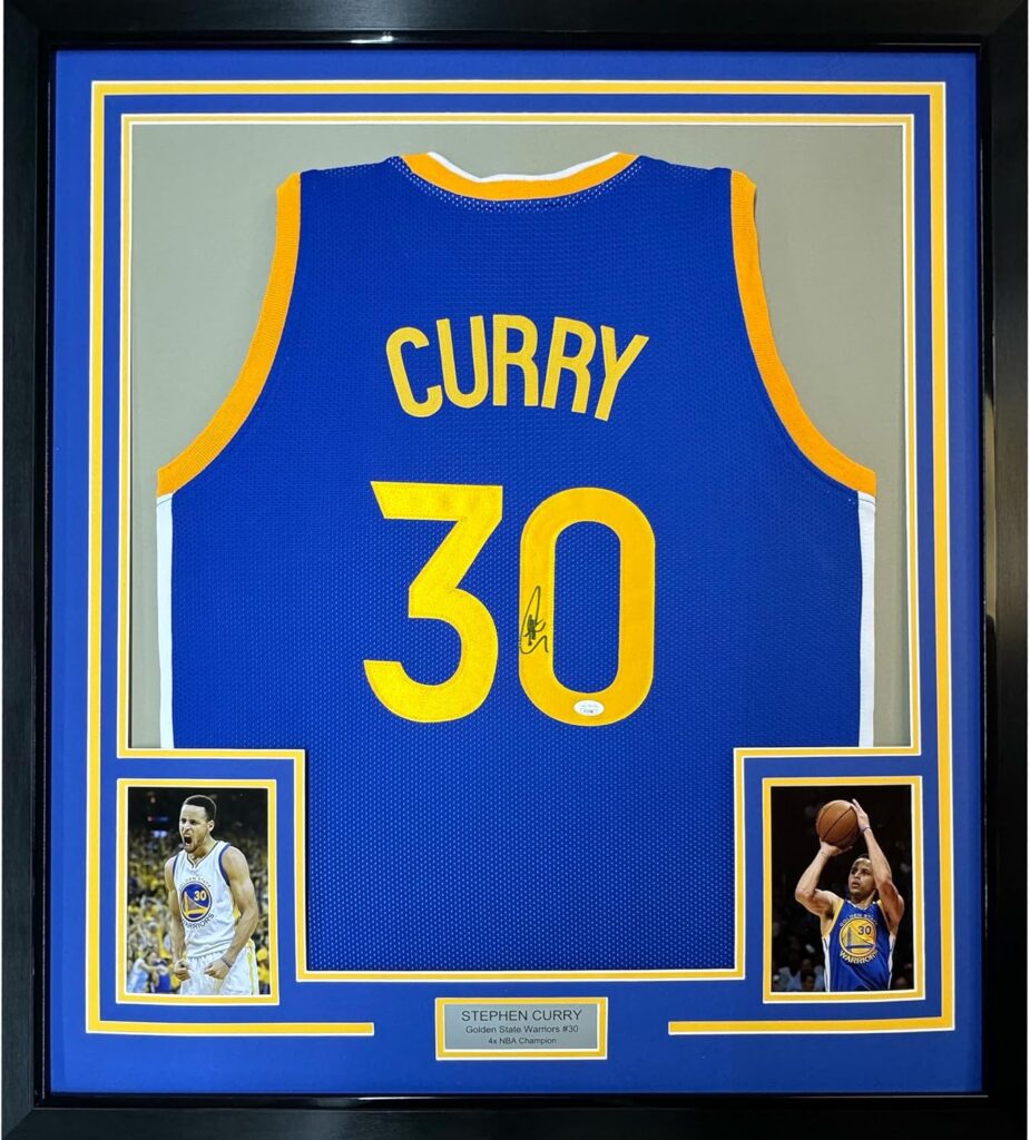 Framed Autographed/Signed Stephen Steph Curry 35×39 Golden State Blue Basketball Jersey JSA COA