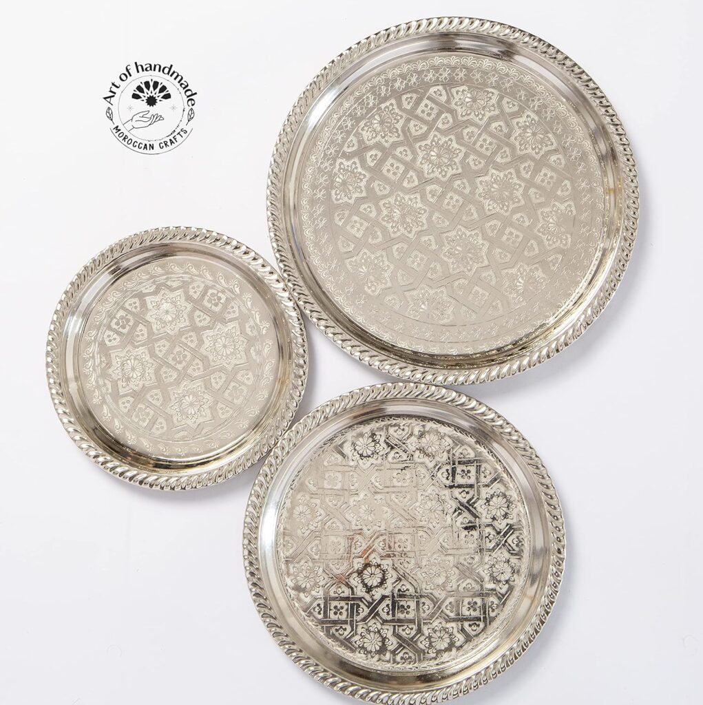 Moroccan Tea Tray Serving Cocktail Silver Handmade Fez Small Or Large Round (9/11/13/15 Inches) (9 Inches)