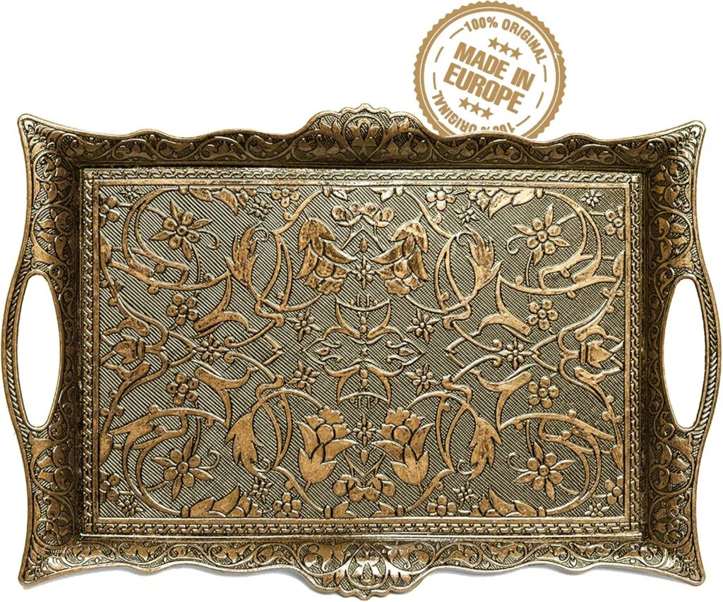 Crystalia Fancy Ottoman Serving Trays, Elegance Metal Turkish Trays for Beverage Serving, Vintage Ottoman Rectangular Tray with Handles, Decorative Turkish Tea Coffee, Dessert Table