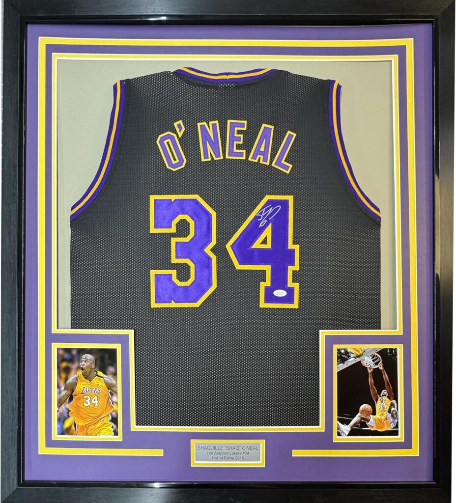Framed Autographed/Signed Shaquille Shaq O’Neal 33×42 Los Angeles LA Black Basketball Jersey JSA COA